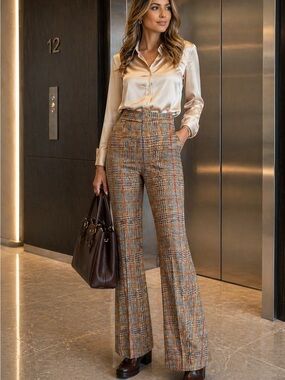 torrid Plaid High-Waist Pull On Flare Pants in Tan and Brown